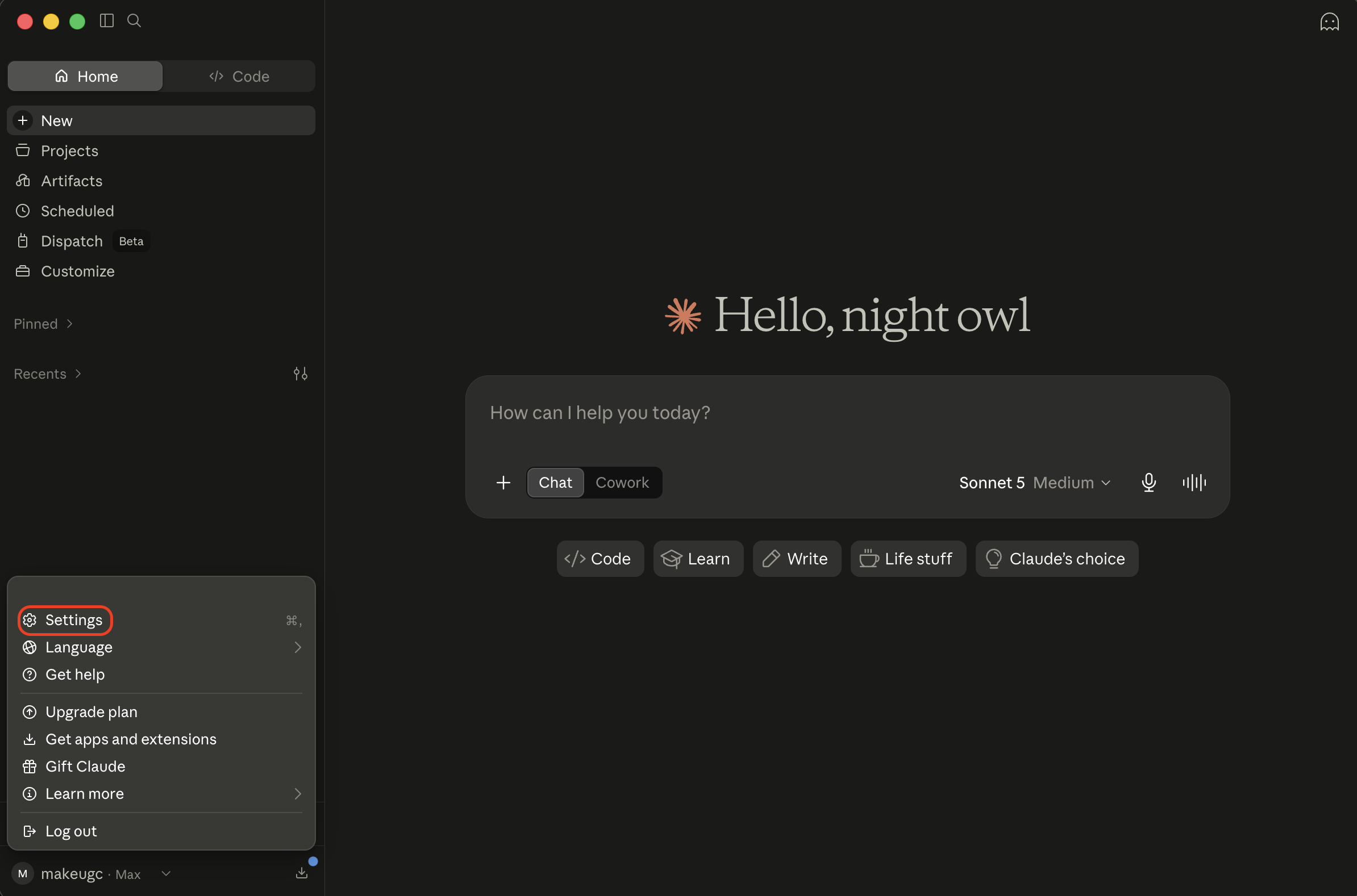 Claude Desktop: open Settings