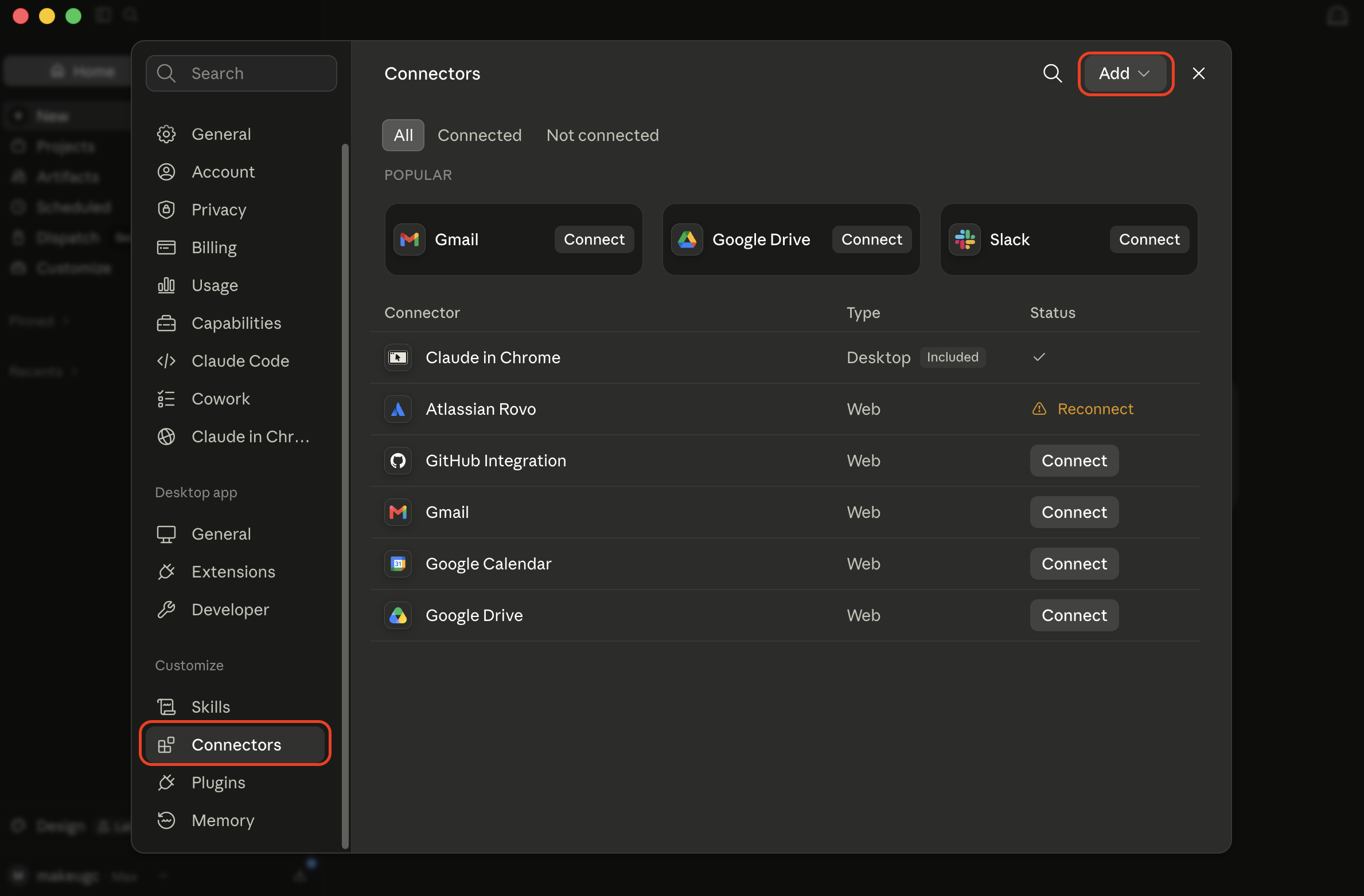 Claude Desktop: Connectors tab, Add button