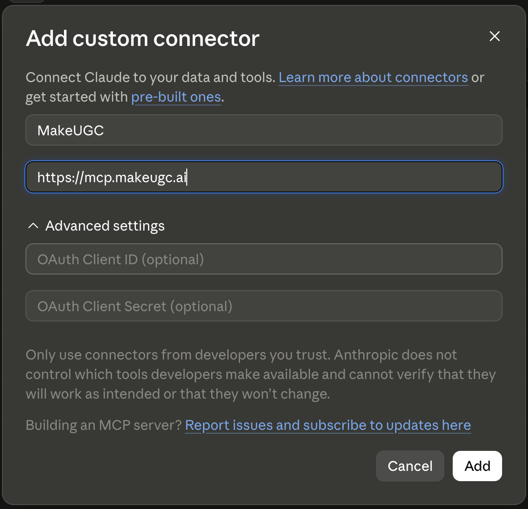 Claude Desktop: Add custom connector with MakeUGC and https://mcp.makeugc.ai