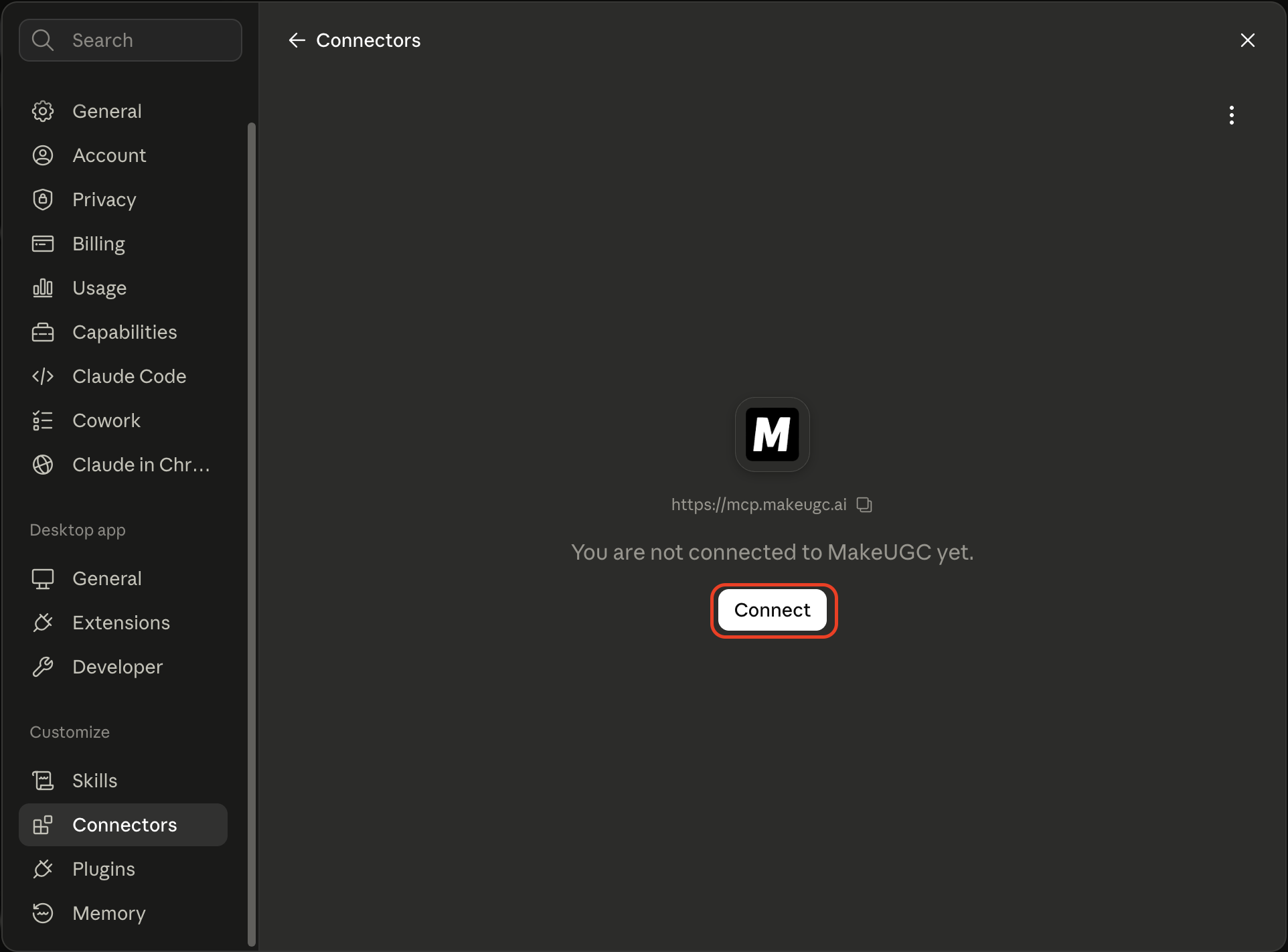 Claude Desktop: click Connect on the MakeUGC connector